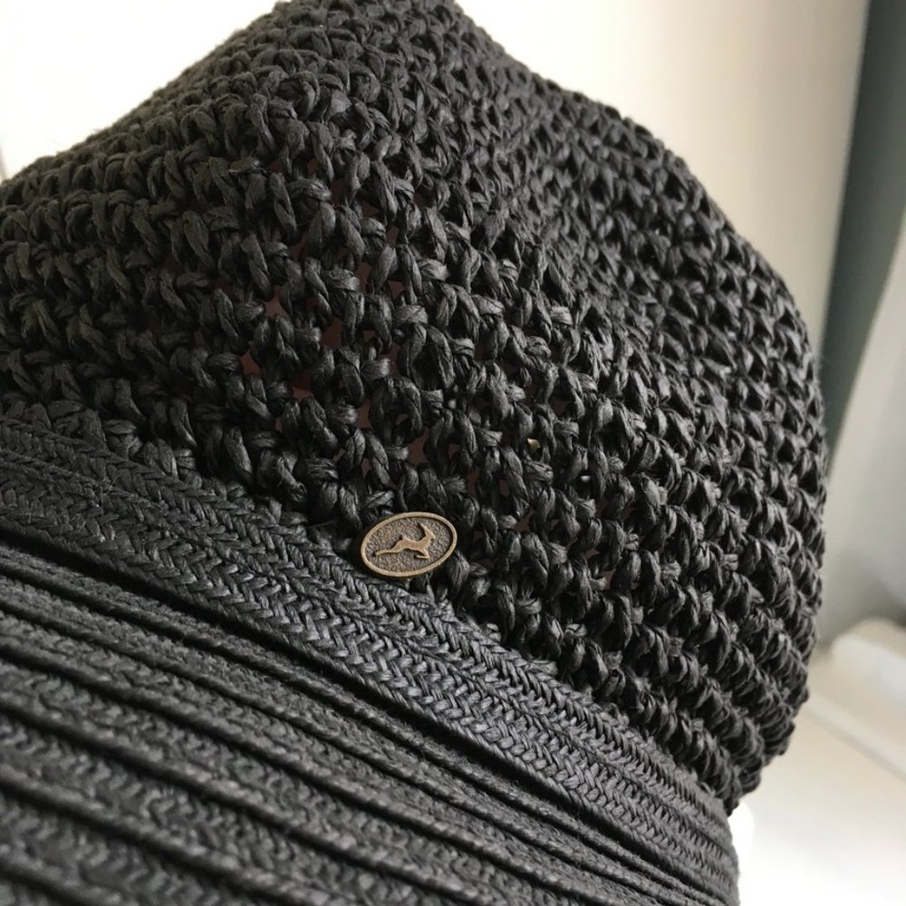 Black Wide Brim Floppy Sun Hat Grommets Black Ribbon - Picture 4 of 6